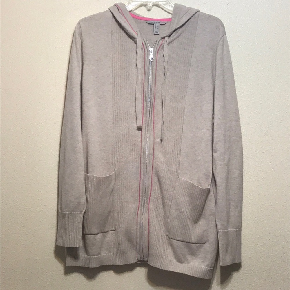 Isaac Mizrahi Hood Tie Front Zipped Cardigan Ribbed Cream/Pink Size Large Pocket